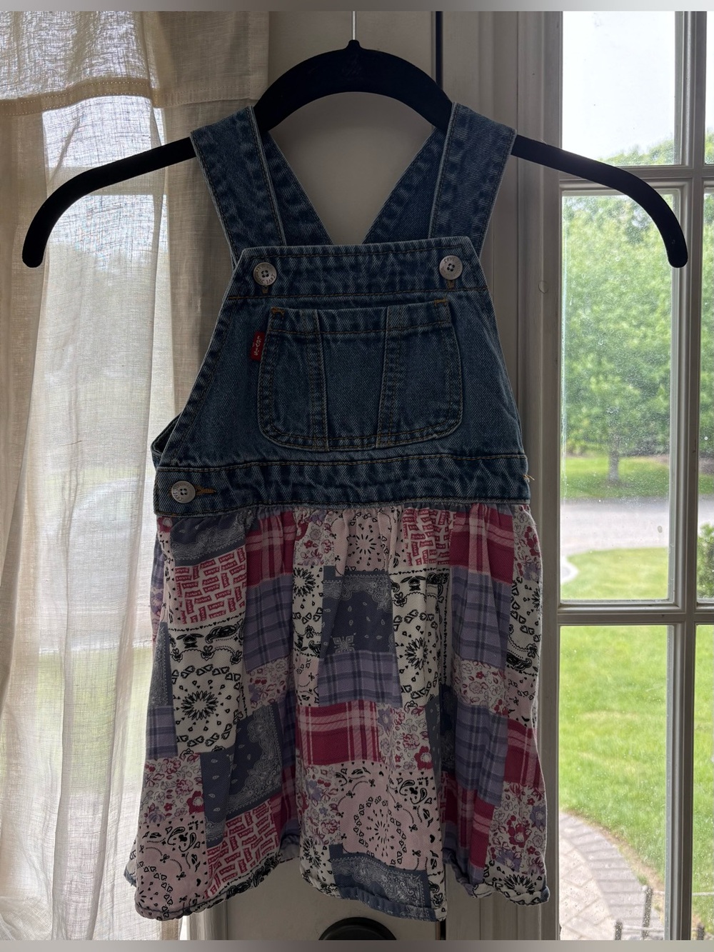 Children's Denim Overall Dress with Patchwork Skirt - Blue/Red 3T NWOT
